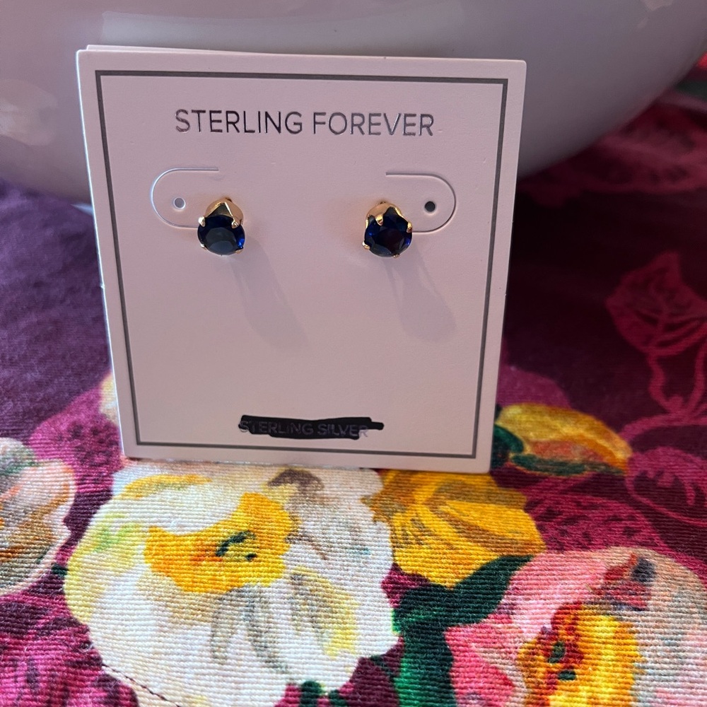 New Sterling Forever gold tone metal blue stud gems lead and nickel free